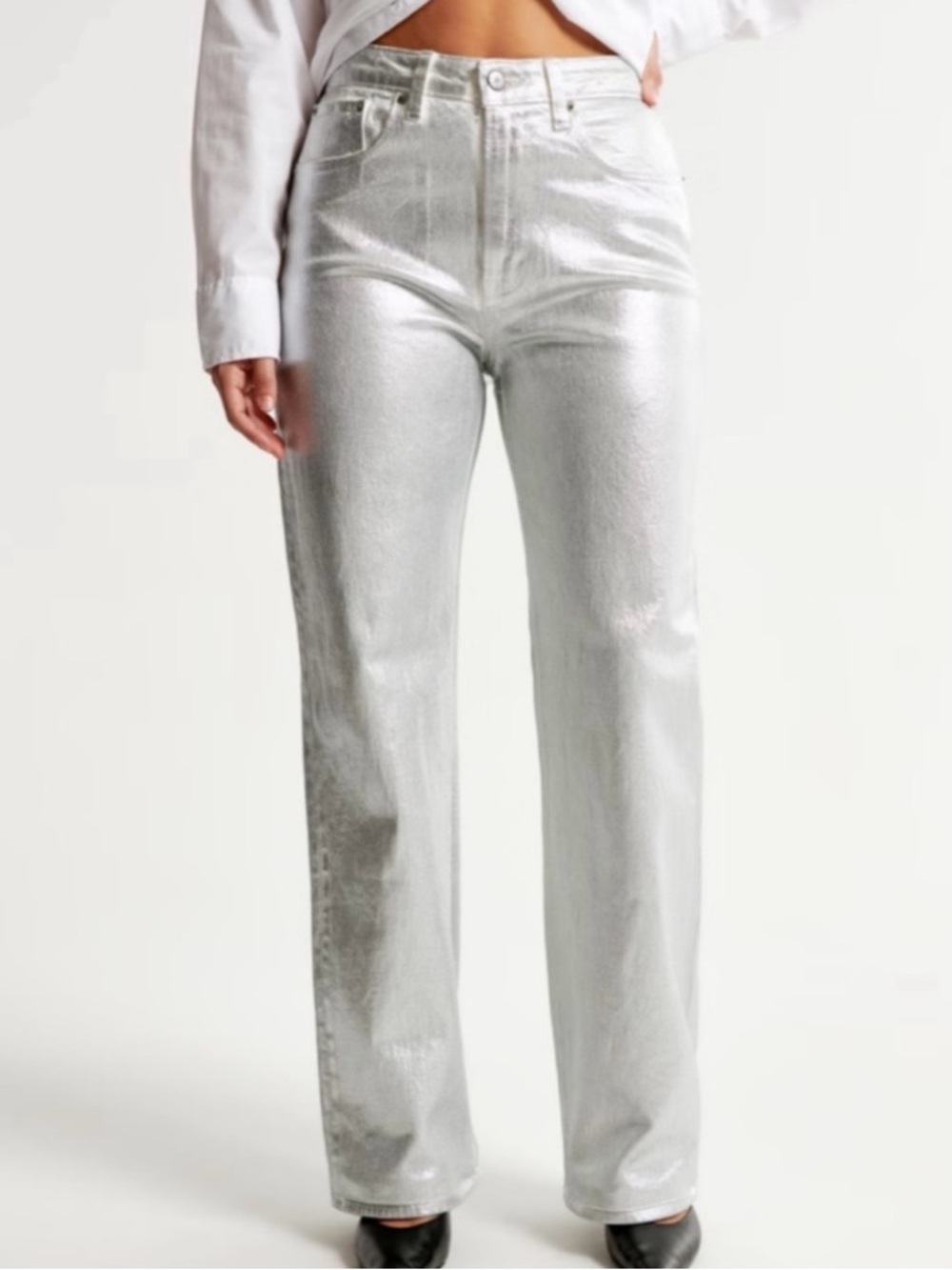 Abercrombie & Fitch The 90s Relaxed Jean High Rise Silver Foiled White Jeans 10L